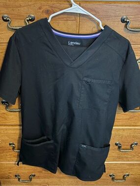 Landau Black V-Neck Medical Scrub Top and Pants Set